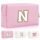 Personalized Initial Letter Patch Makeup Bag, Preppy Chenille Letter Cosmetic Pouch with Zipper, Pink/White-Letter, N